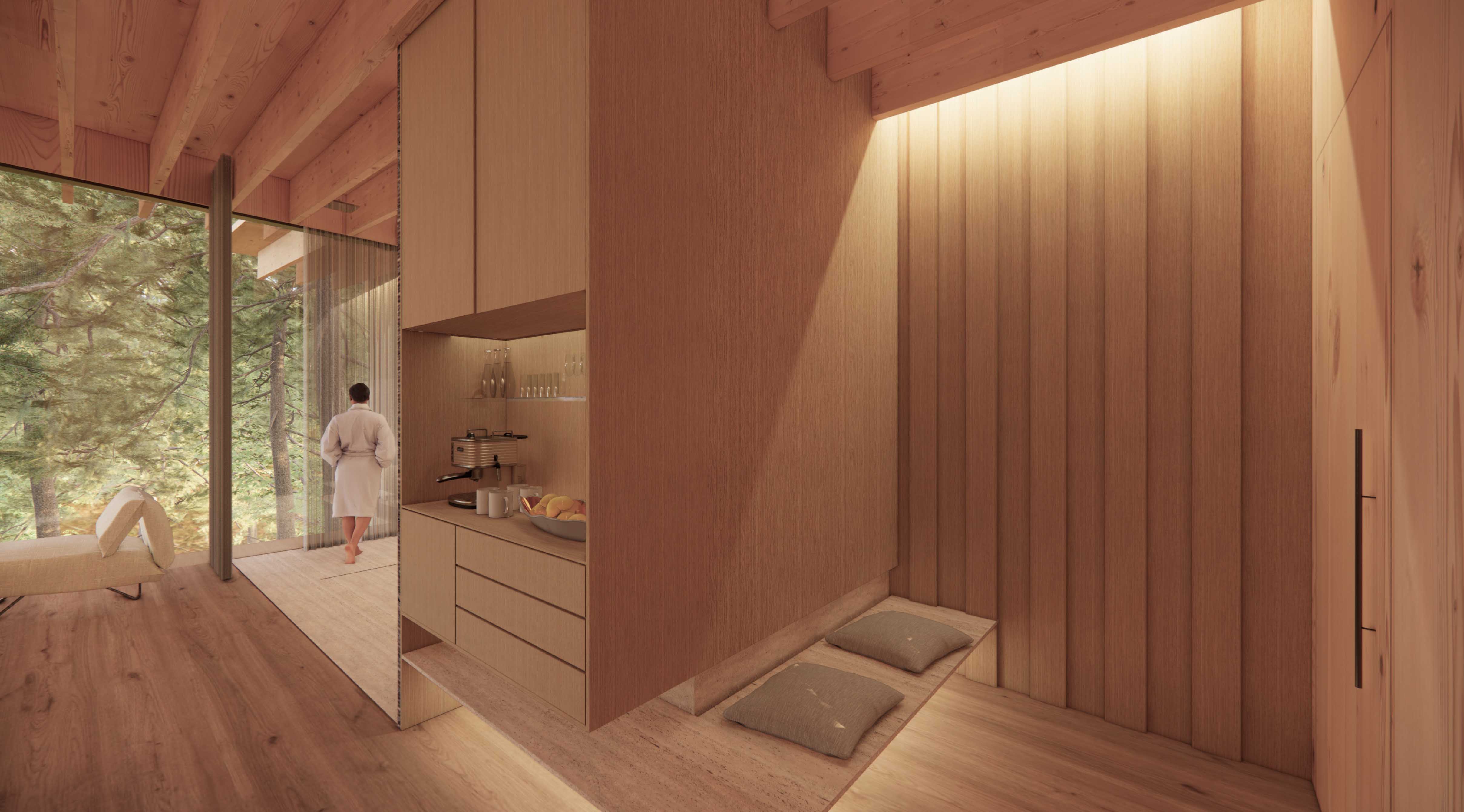 Warm timber interior of a Preserve Life Sleep Suite